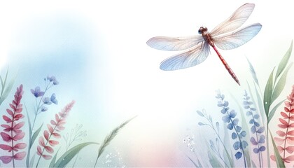 Dragonfly and Flowers in a Pastel Watercolor Scene