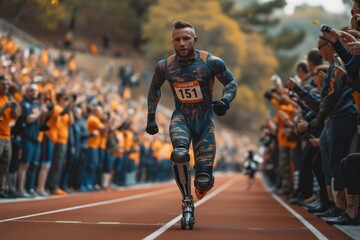 Determined para-athlete with a prosthetic limb competing in a track event before an engaged crowd