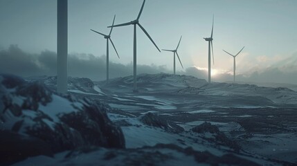 Cinematic image of wind turbines generating power.  - obrazy, fototapety, plakaty