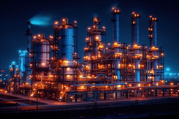 A stunning long-exposure shot capturing the intricate details and dramatic lighting of an active industrial refinery complex - obrazy, fototapety, plakaty