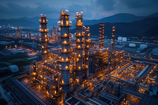 An industrial complex of an oil refinery, with its structures glowing amidst the twilight sky, showcasing intricate details of metal pipes and towers