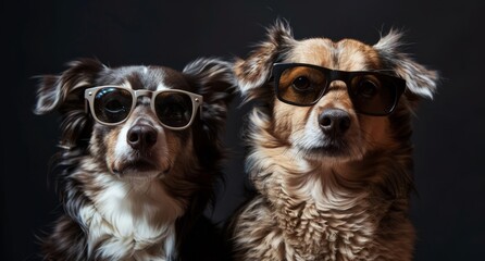 Two dogs wearing sunglasses are sitting next to each other in this fun and quirky scene