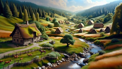 Pastoral Village Landscape with Thatched Roof Cottages - obrazy, fototapety, plakaty