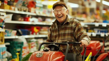 Obraz premium a man in a close-up shot as he purchases a lawn mower at an upscale department store, radiating satisfaction and contentment.
