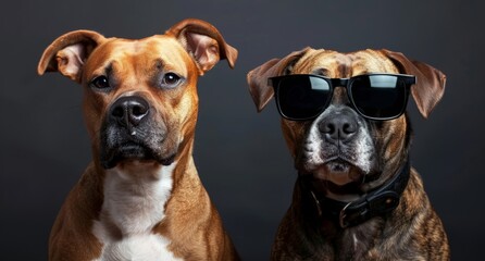 Two dogs, both wearing sunglasses, sit side by side in a casual pose under the sun
