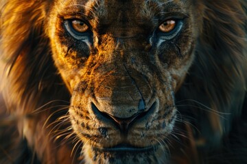 A lion with a fierce look on its face. The lion is in a golden color