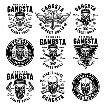 Gangsta set of vector criminal emblems, labels, badges or prints in monochrome style. Illustration on white background