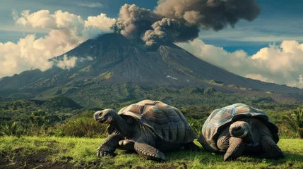 Foto op Canvas Two enormous tortoises rest in front of a towering volcano, their large shells contrasting with the rugged landscape © pham