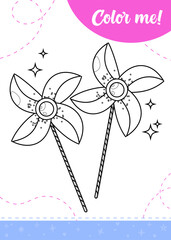 Coloring page for kids with colorful windmill toys.
A printable worksheet, vector illustration.