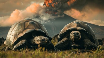 Two large tortoises resting on a grassy field