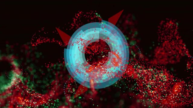 Animation of red and green spots over moving circles on black background