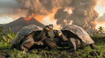 Two large turtles are standing on top of a lush green field, showcasing their size and unique appearance