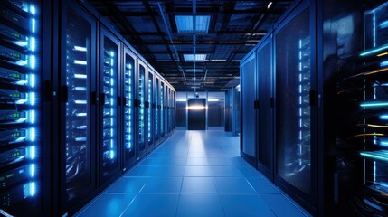 Depict a state of the art data center with rows of server racks, cooling systems, and redundant power supplies
