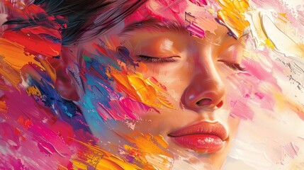 Lovely lady painting with bright colors, forming abstract backdrop