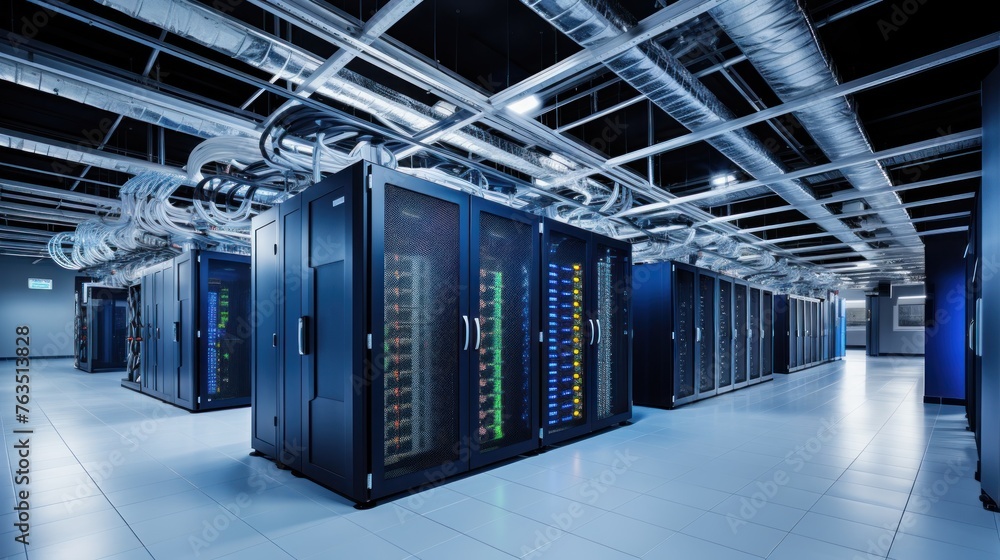 Aufkleber depict a state of the art data center with rows of server racks, cooling systems, and redundant powe