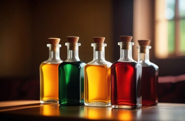 Radiant glass bottles filled with colorful liquids, basking in the golden sunlight