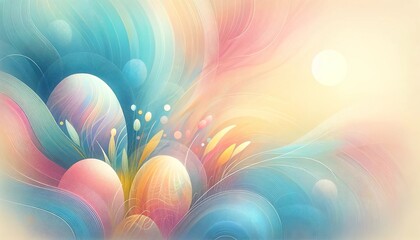 An abstract background with Easter theme, featuring soft pastel colors blending together. The composition radiates a peaceful, joyful ambiance, perfect for celebrating Easter. - obrazy, fototapety, plakaty
