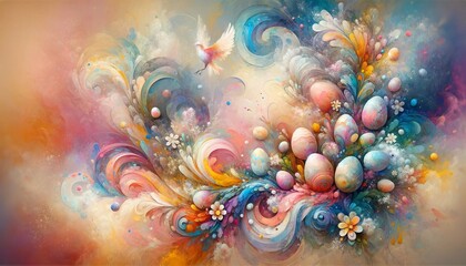 An abstract, high-quality background capturing the essence of Easter with a tapestry of pastel colors. Imaginative swirls and splashes of paint suggest a celebration of life and rebirth - obrazy, fototapety, plakaty