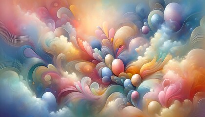 An elegant, abstract background celebrating Easter with a pastel color explosion. The scene is...