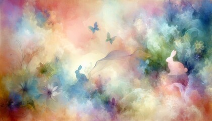 An abstract Easter-themed background, showcasing a blend of pastel hues in a dreamy composition....