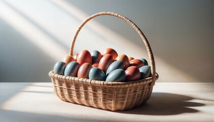 Traditional wicker basket filled with Easter eggs. Minimalism and quiet elegance, Easter eggs feature a natural stone finish in muted earth tones ranging from terracotta to slate blue - obrazy, fototapety, plakaty