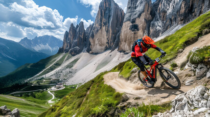 A man is riding a sportive e-bike down a dirt road. He is in a racing position, speeding down a steep mountainous terrain.