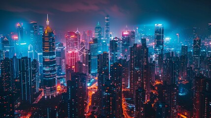 Fototapeta premium Technology: A futuristic city skyline illuminated by neon lights