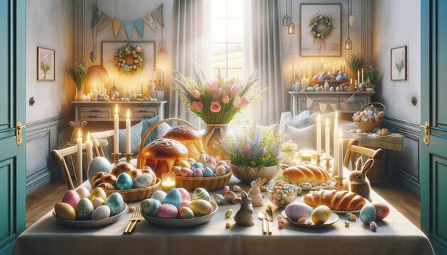 A realistic photo of an Easter celebration in high quality. The scene includes a beautifully decorated Easter table with a variety of Easter eggs, pastries, flowers, candles