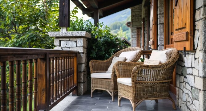 Two wicker chairs placed on a porch next to a stone wall