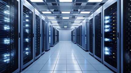 Depict a state of the art data center with rows of server racks, cooling systems, and redundant power supplies