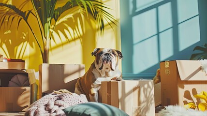 pet moving into their new home, with their loyal bulldog sitting amidst cardboard boxes filled with household items, all bathed in soft, light colors.