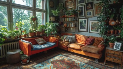 Fototapeta na wymiar Cozy Living Room With Abundant Furniture and Large Windows
