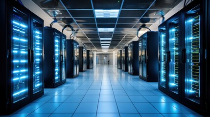 Fototapeta premium Depict a state of the art data center with rows of server racks, cooling systems, and redundant power supplies