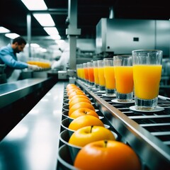 Production of fruit juices at the enterprise. Assembly line. Generative AI