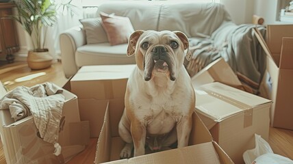 pet moving into their new home, with their loyal bulldog sitting amidst cardboard boxes filled with household items, all bathed in soft, light colors.