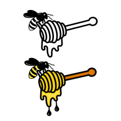 Bee icon and Honey dipper yellow silhouette premium vector