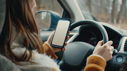 Woman looking on smartphone white screen and driving a car. - obrazy, fototapety, plakaty