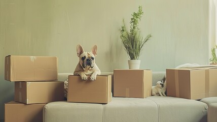 pet moving into their new home, with their loyal bulldog sitting amidst cardboard boxes filled with household items, all bathed in soft, light colors.