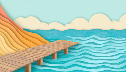 Obraz premium A wooden dock over water, in a cut paper collage style. Generative AI 