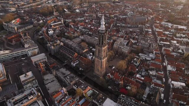 Aerial view of Amersfoort at spring season with the Lieve Vrouwe Tower, The Netherlands, Town Skylin