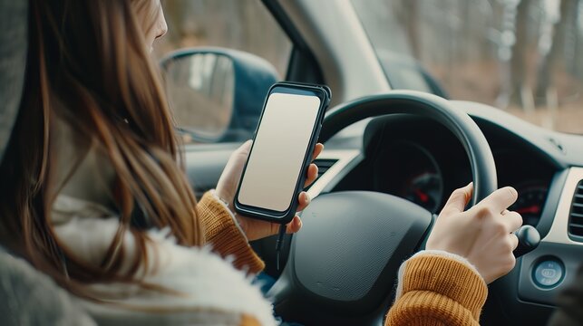 Woman looking on smartphone white screen and driving a car. - Powered by Adobe