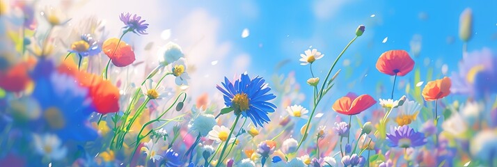 Summer wild field with wildflowers daisies and cornflowers and poppies in the rays of the sun, banner - obrazy, fototapety, plakaty