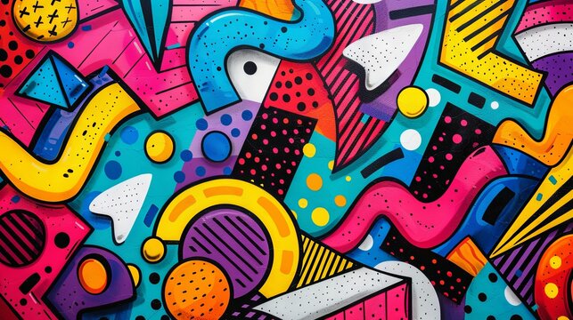 Abstract geometric composition featuring a central figure obscured by a vibrant patchwork of colors and shapes.