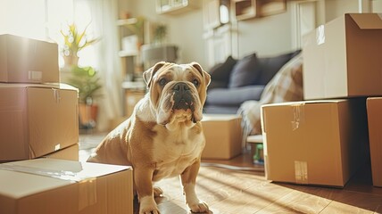 pet moving into their new home, with their loyal bulldog sitting amidst cardboard boxes filled with household items, all bathed in soft, light colors.
