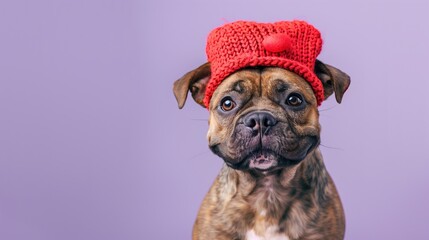Adorable Brown Mastiff Puppy Wearing Silly Red Hat: Playful Portrait Against Purple Background, Space For Text and Business Info - obrazy, fototapety, plakaty