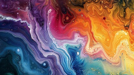 A mesmerizing fluid art painting with waves of vibrant, intermingling colors creating a visually stunning texture.