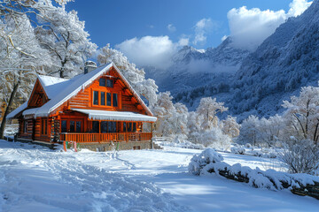 Exterior of a tourist house against the backdrop of a winter landscape and cold travel destinations. Snowy picturesque landscape.