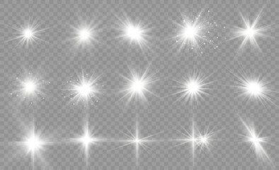 Sparkling stars, twinkling and flashing lights. Collection of various light effects on a black background. Realistic vector graphics