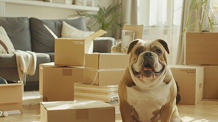 pet moving into their new home, with their loyal bulldog sitting amidst cardboard boxes filled with household items, all bathed in soft, light colors.