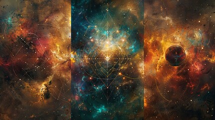 A triptych art piece depicting the cosmic beauty of space with vibrant stars, nebulae, and distant planets.